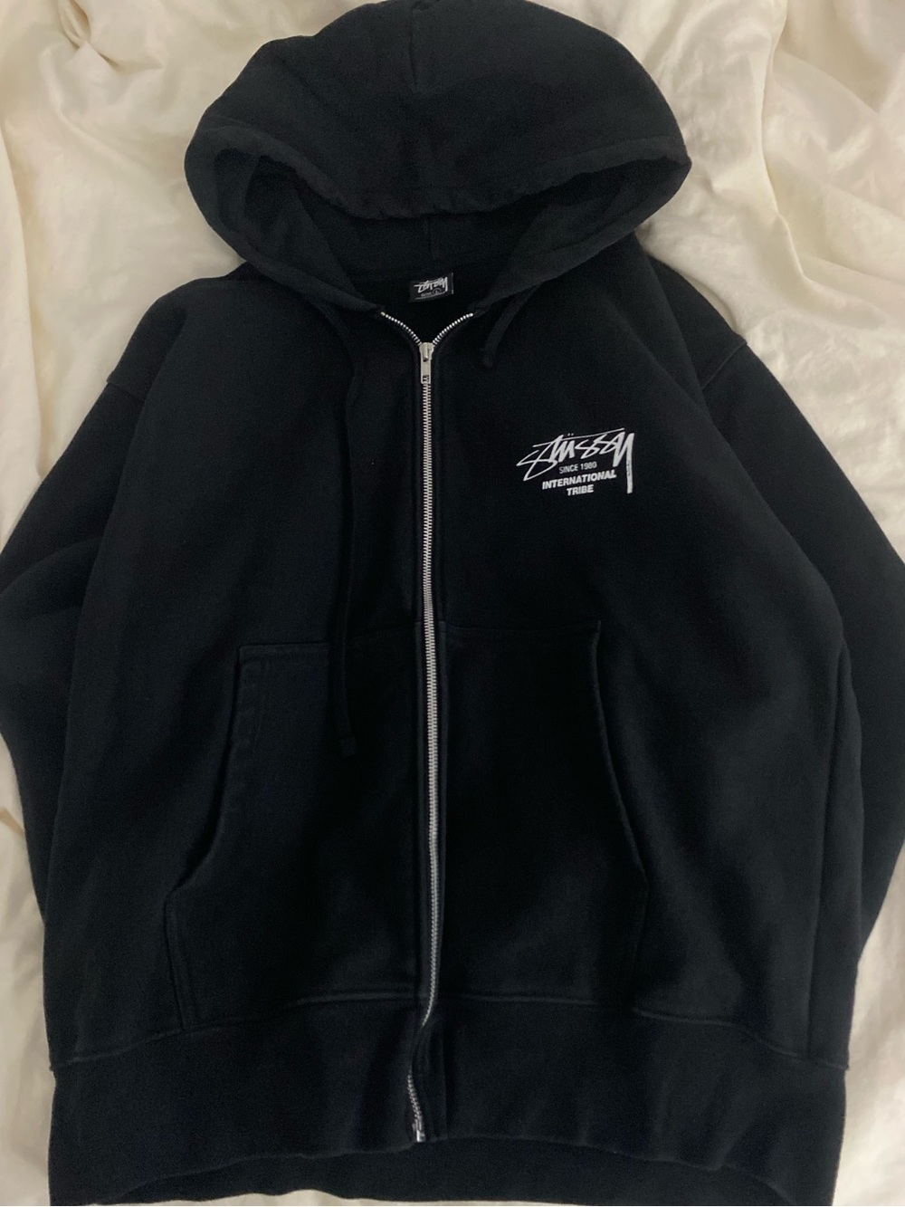 Stussy Black Hoodie with White Graphic Back Print